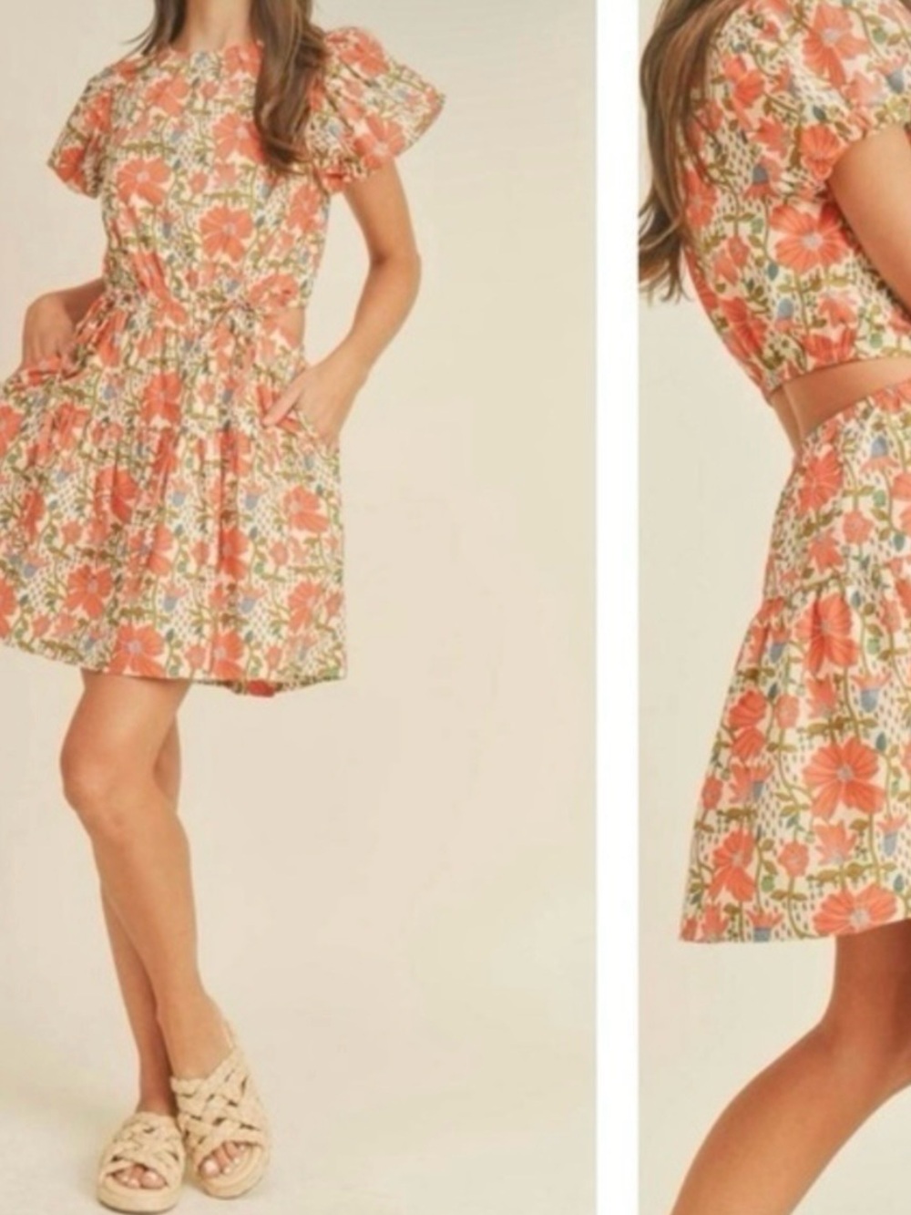 &merci Coral Floral Puff-Sleeve Midi Dress NWT